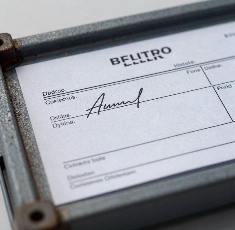 A close-up macro shot of a signed maritime bill of lading resting on a steel cargo container, cool overcast daylight, sharp focus, desaturated tones.