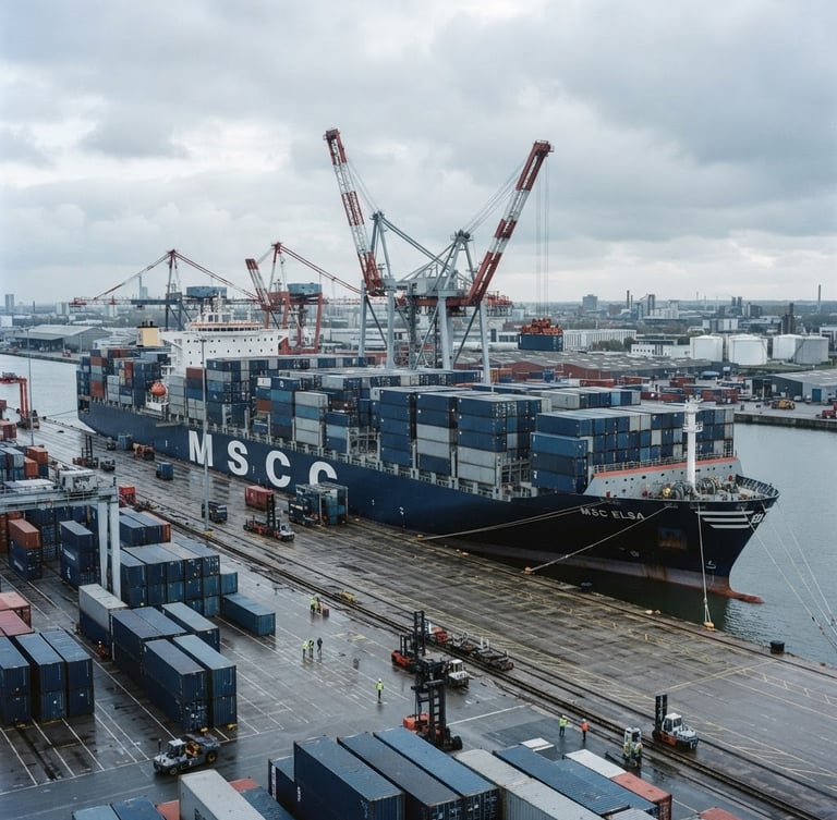 Wide-angle shot of a massive container ship docked at an industrial terminal under overcast morning light, steel blue shipping containers stacked symmetrically, 35mm lens.