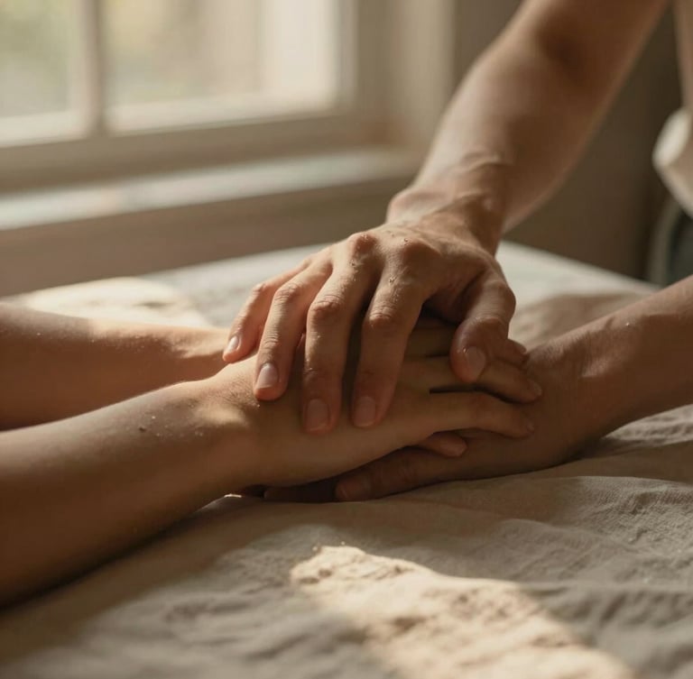 Close-up somatic detail of two hands resting gently together on a soft linen surface, warm diffused window light, low contrast.