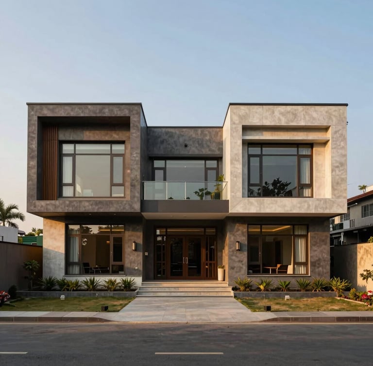 Symmetrical wide-angle architectural shot of a completed luxury modern villa exterior in India during golden hour, rich concrete and glass details.