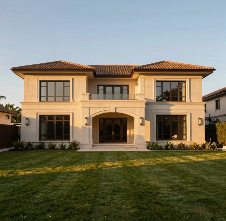Warm golden-hour architectural photography of a completed luxury villa exterior, sharp symmetrical lines, manicured lawn, wide-angle lens