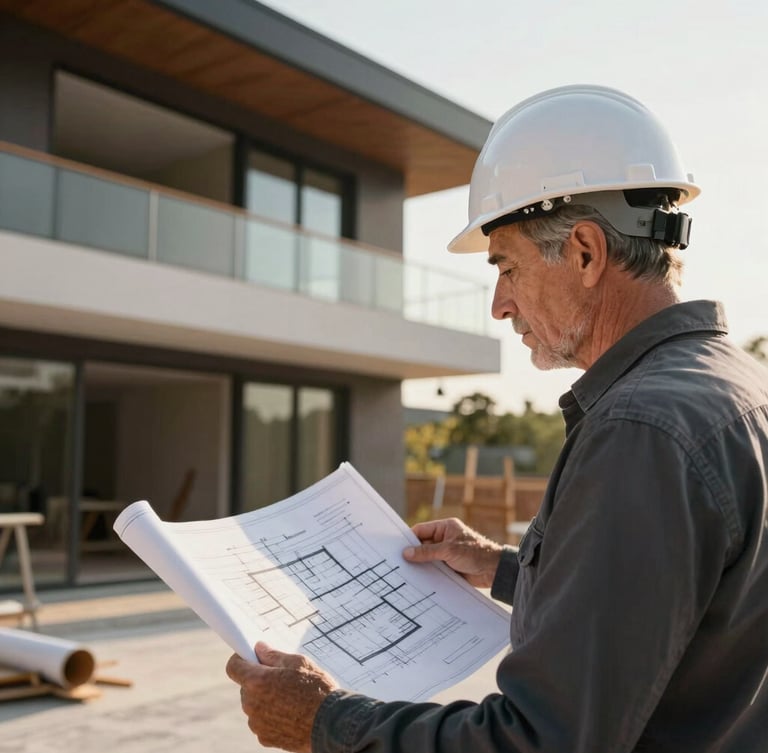 Close-up of a senior structural engineer in a white hardhat reviewing architectural blueprints on a modern luxury villa construction site, sharp focus, natural light.