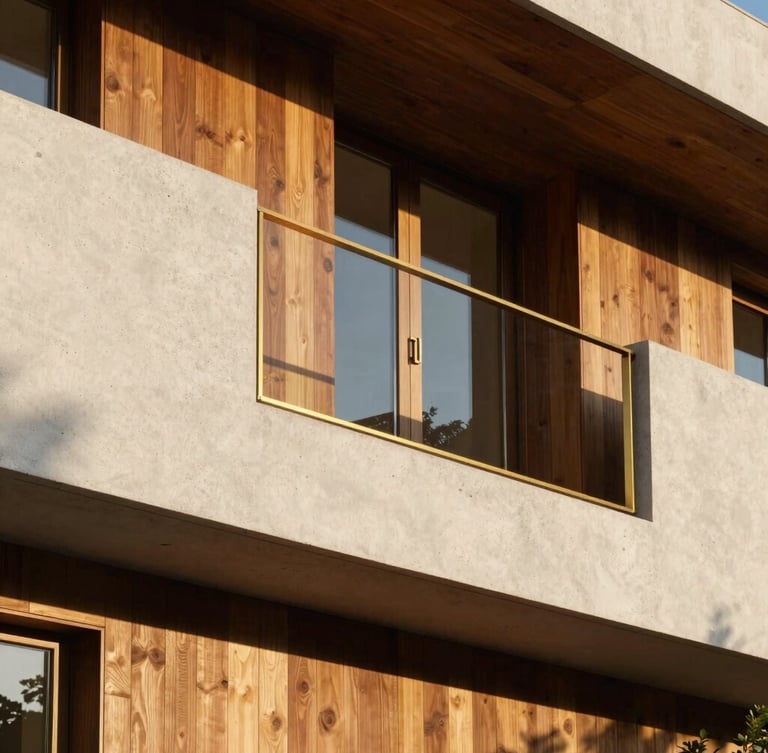 Close-up architectural detail of a premium residential facade, showing textured white concrete, warm wooden panels, and polished brass accents under sharp sunlight.