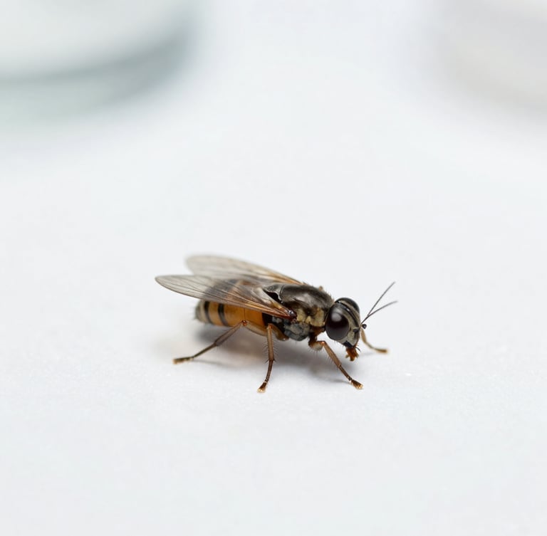Macro clinical photograph of a flea on a clean sterilized surface, bright high-key lighting, sharp focus, scientific tone