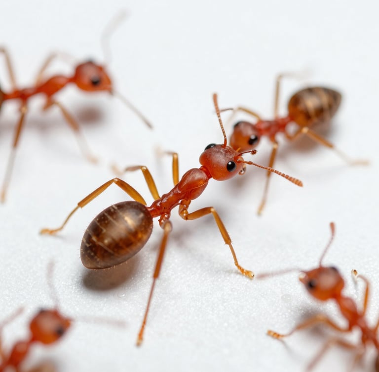 Macro clinical photograph of red ants on a sterile white laboratory surface, bright high-key lighting, sharp depth of field, scientific tone