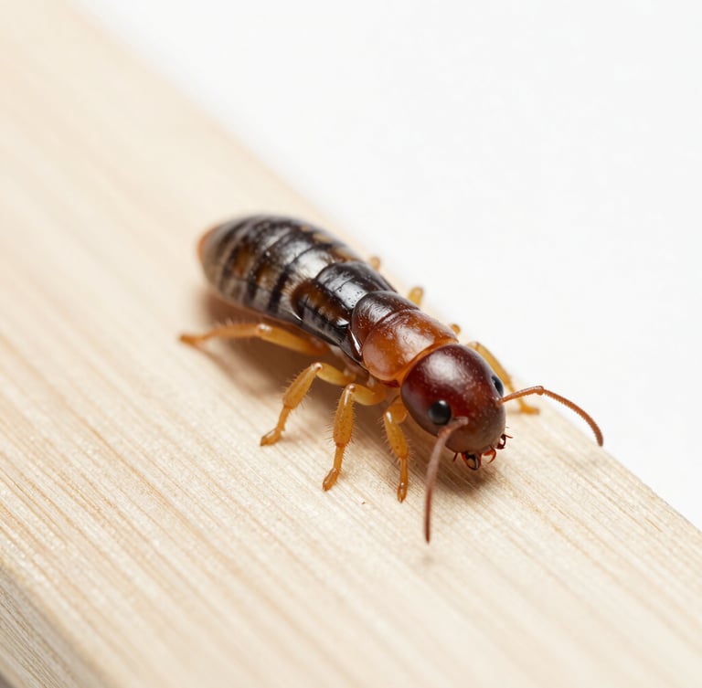 Macro clinical photograph of subterranean termites on a clean wood specimen, bright high-key lighting, sharp focus, scientific tone