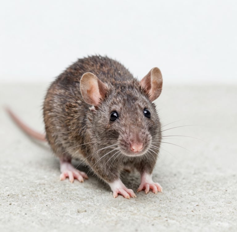 Macro clinical photograph of a brown rat in a clean concrete environment, bright high-key lighting, sharp details, scientific tone
