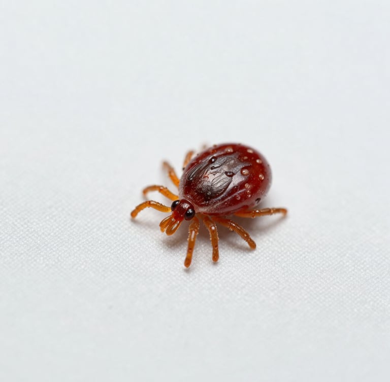 Macro clinical photograph of a tick on a clean light fabric surface, bright high-key lighting, sharp details, scientific tone