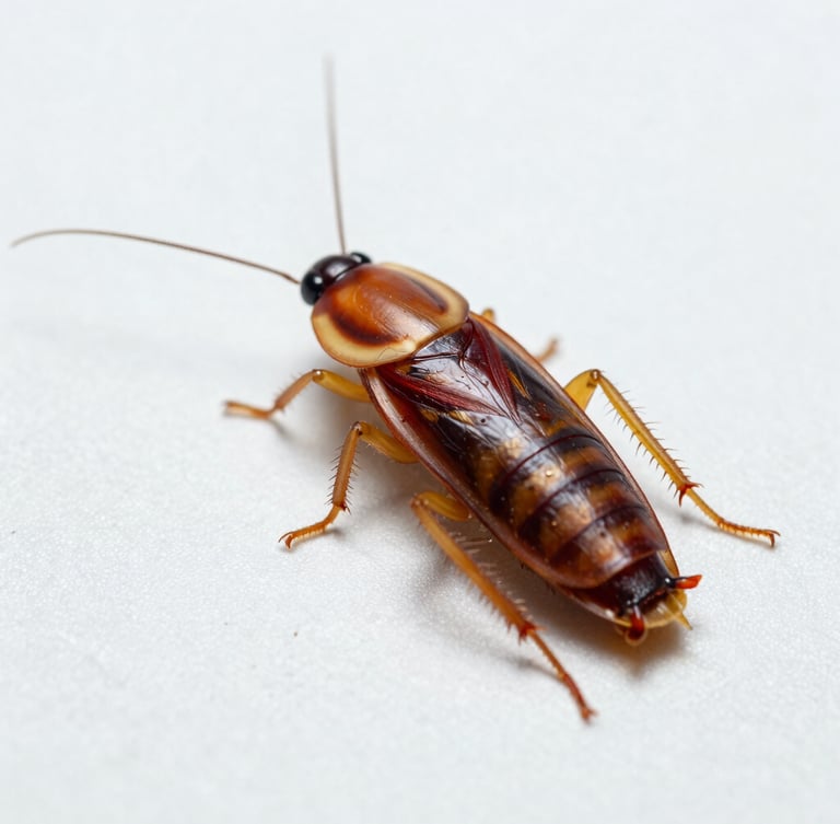 Macro clinical photograph of an American cockroach on a sterile light tile, bright high-key lighting, sharp depth of field, scientific tone