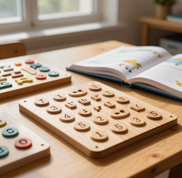 Close-up of tactile wooden teaching materials and open children books on a solid oak table, warm natural sunlight streaming in from a classroom window.
