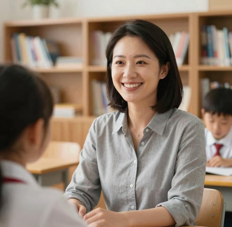 A warm, natural light portrait of a smiling primary school teacher in a classroom, wooden bookshelves softly blurred in the background, over-the-shoulder framing.
