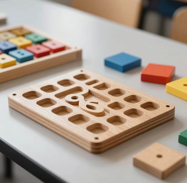 Close-up of tactile wooden teaching materials and colorful counting blocks on a clean classroom table, soft warm light