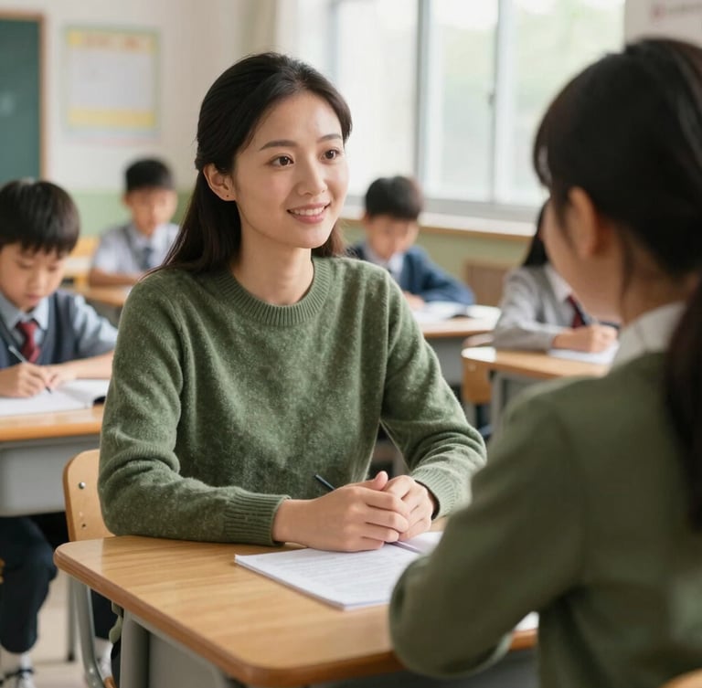 Over-the-shoulder shot of a primary school teacher in a warm green sweater sitting at a wooden desk with children, soft natural window light, classroom background