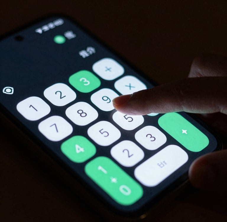 Extreme close-up of a hand tapping a high-fidelity Android screen showing a clean, dark-mode calculator app with vibrant mint green accents, moody low-key ambient lighting, 50mm