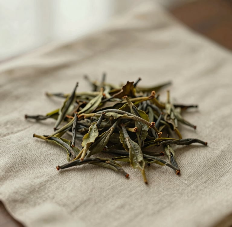 Close-up overhead environmental shot of loose tea leaves resting on textured linen, soft diffused morning light, warm earthy tones, 35mm.