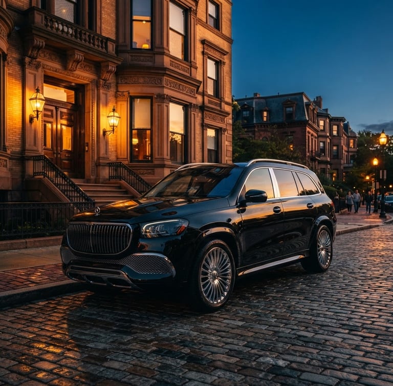 Cinematic wide angle of a polished black luxury SUV parked at dusk in front of a historic Boston building, golden hour reflections on pristine chrome, 35mm anamorphic