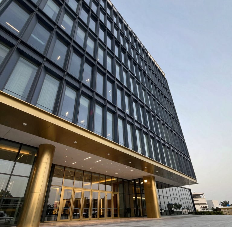 Interior of a modern Omani corporate headquarters showing sleek architectural lines, smart glass panels, integrated ceiling sensors, dramatic lighting, premium quality.