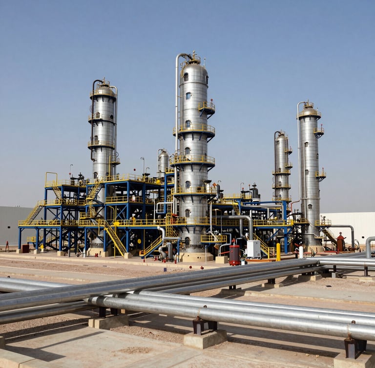 Wide-angle architectural shot of a massive oil and gas refinery in Oman under bright natural daylight, crisp high-contrast shadows, steel pipelines stretching across the frame, deep navy and gold accents