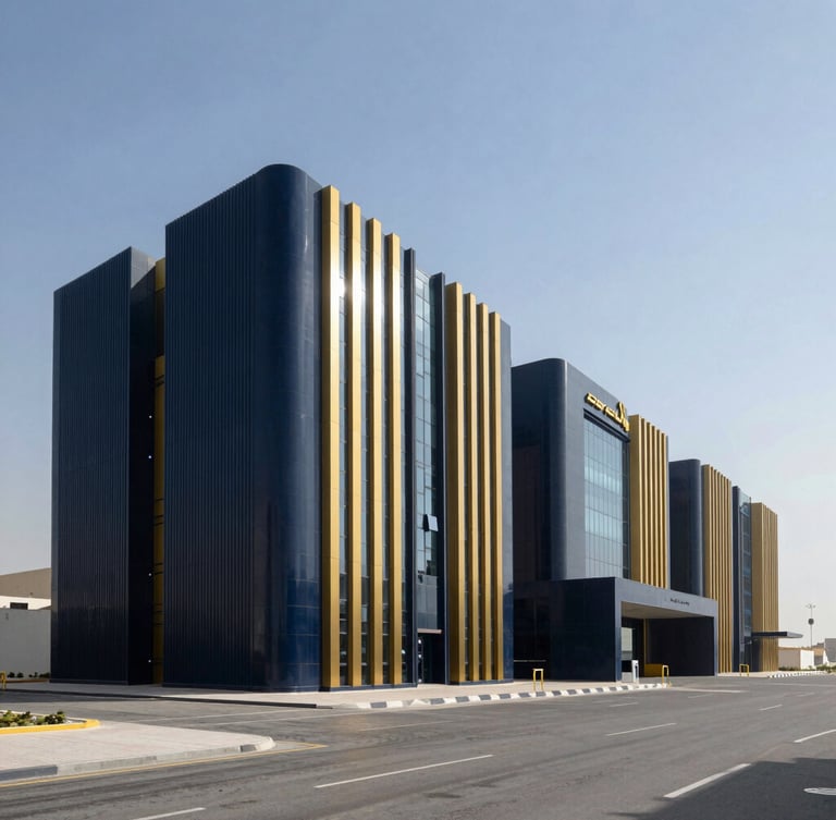 Wide-angle architectural shot of a modern, state-of-the-art logistics hub and smart building in Muscat under crisp Omani daylight, deep navy and gold accents, editorial depth of field.
