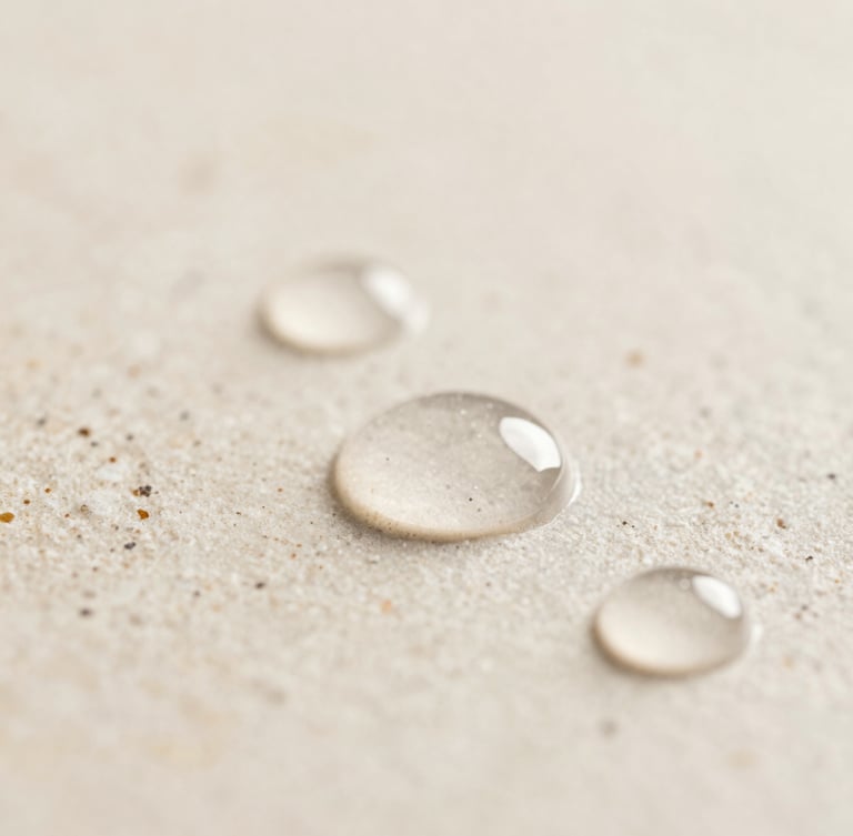 Macro shot of clean, translucent peptide serum droplets on a warm textured stone surface, clinical lighting, shallow depth of field, 35mm