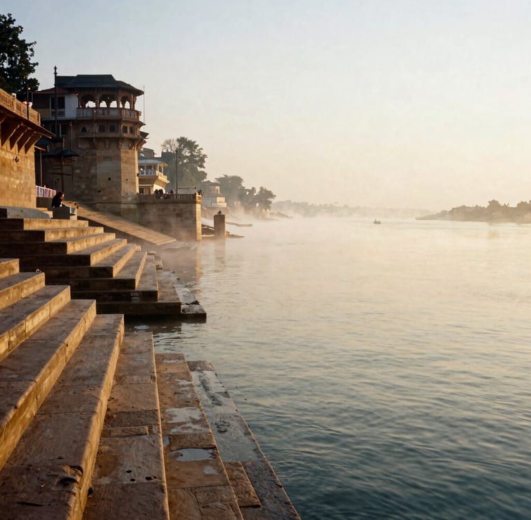 A serene vertical shot of the Ganges River at dawn, soft morning mist rising from the water, ancient stone ghat steps on the left, warm golden-hour light, 35mm photography.