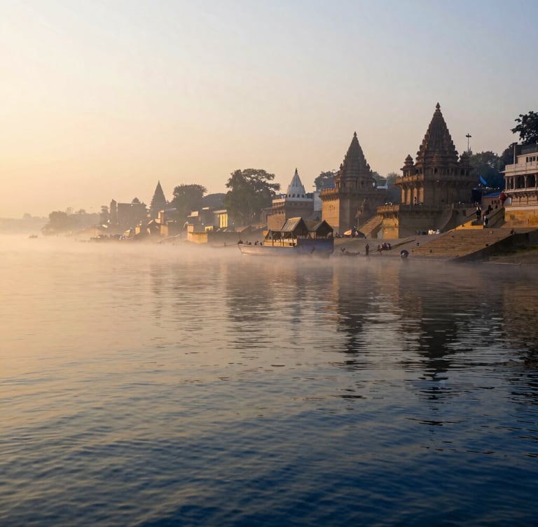 An atmospheric wide shot of the Ganges River at sunrise, soft morning mist hovering over the water, distant silhouettes of ancient temple ghats, golden hour light illuminating the serene riverbank, warm editorial style.