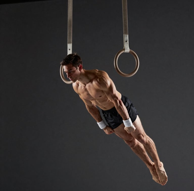 Dynamic side-lit shot of an athlete suspended on gymnastic rings, highlighting intense muscular stabilization and perfect joint alignment against a dark minimalist studio background.