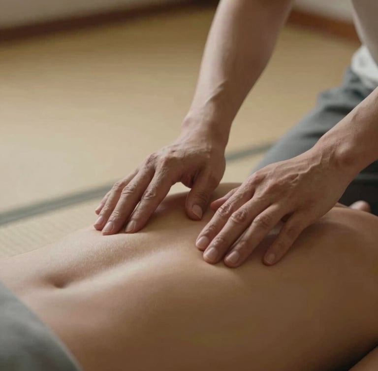 A close-up shot of hands gently adjusting a practitioner's spinal alignment on a soft tatami mat, warm side-lighting highlighting joint posture, minimalist background.
