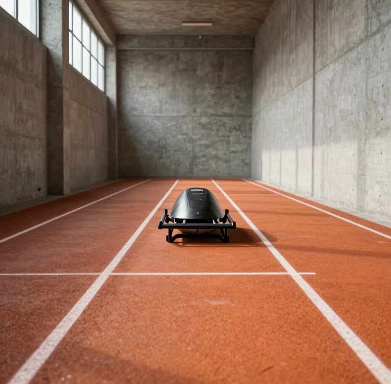 Dynamic off-center shot of a concrete-walled studio with an orange turf track, a weighted sled sitting on the line, high-contrast natural light streaming from high windows, no machines.