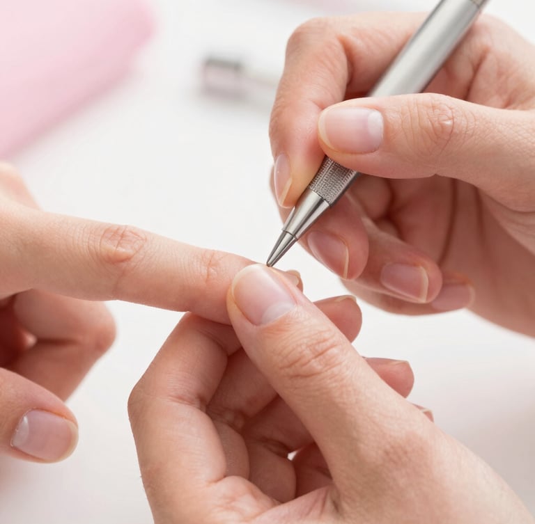 Extreme close-up of a nail stylist gently refining a cuticle with professional tools, soft pink studio lighting, clean hands, focus on precision.