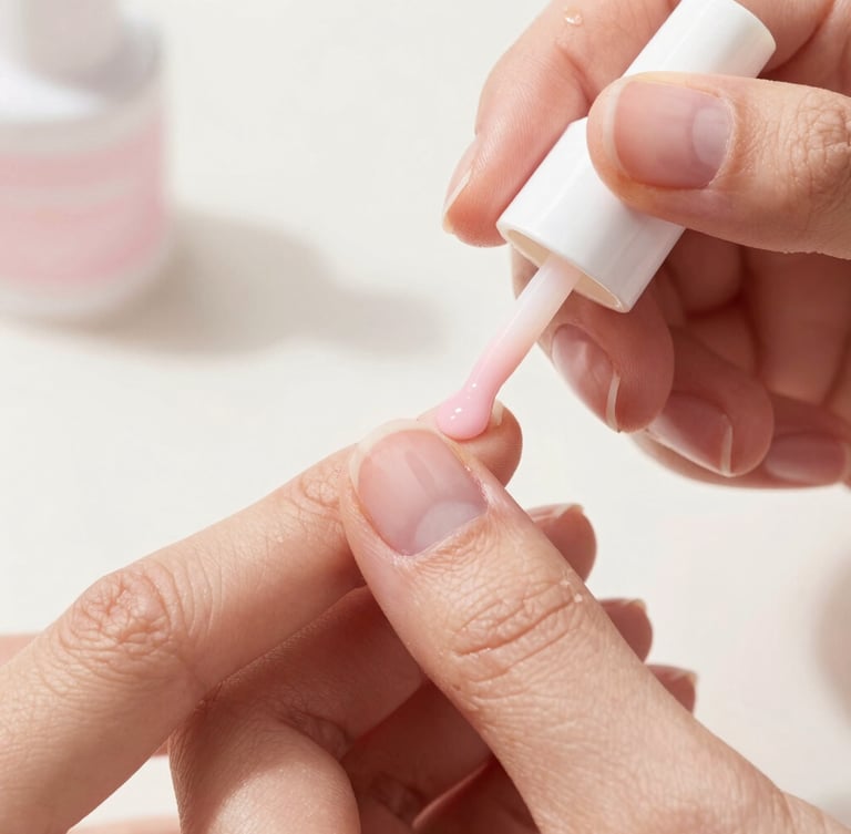Macro shot of a nail technician carefully applying a layer of soft pink BIAB gel to a clean, perfectly manicured nail, warm natural daylight, editorial beauty photography style