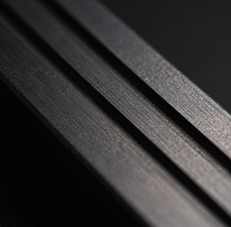 Macro close-up of machined anodized aluminum grooves, dark charcoal metal texture, sharp technical lines, dramatic side lighting, low-key shadows.