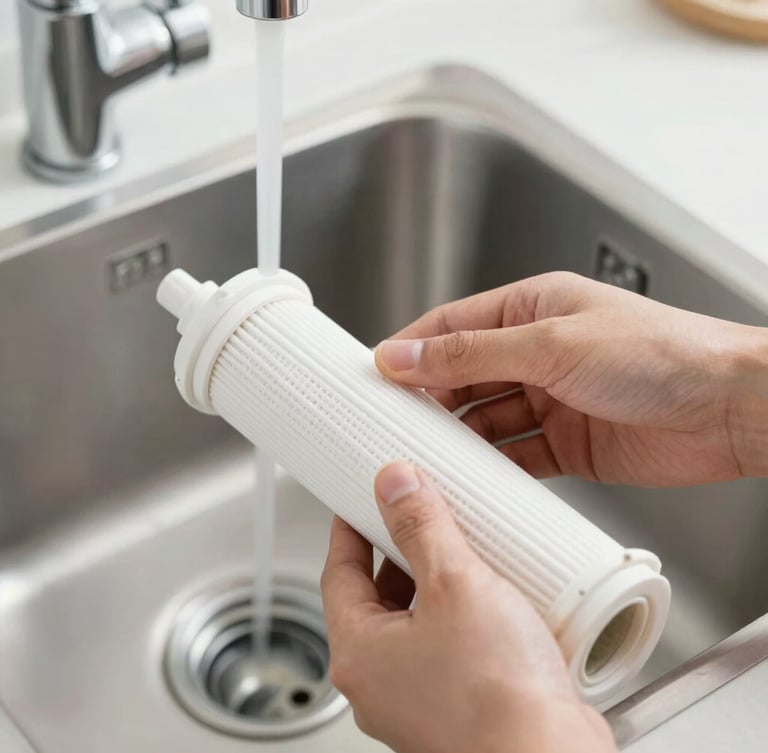 A close-up of hands installing a clean RO membrane filter under a kitchen sink, bright natural light, sharp focus on technical details, 35mm