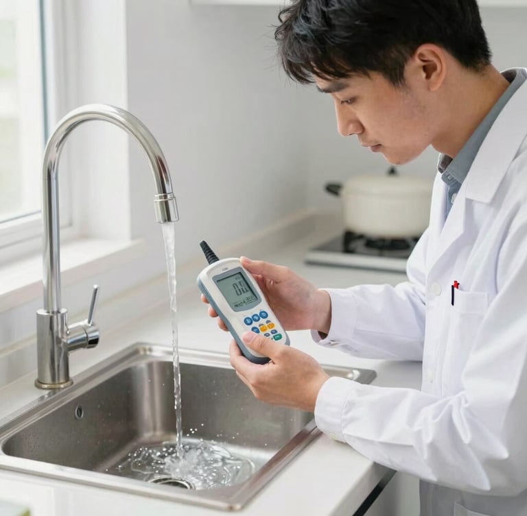 A certified technician in a crisp uniform measuring TDS levels of kitchen water with a digital meter, bright natural light, sharp focus on technical details, 35mm.