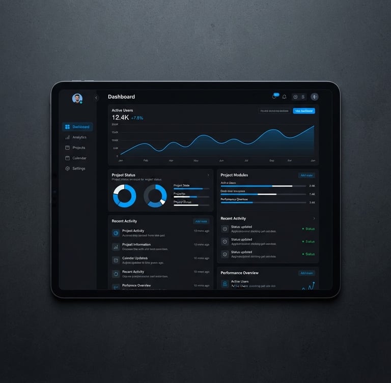 Straight-on flat-lay of a high-fidelity dark mode user interface on a tablet, crisp screen-glow, electric blue accents, clean Swiss typography