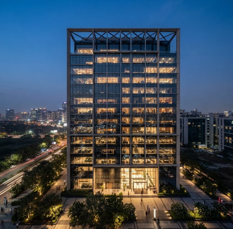 Wide shot of a modern, structured office building in Gurugram at dusk, clean lines, reflecting city lights, emphasizing legal security and corporate presence. professional editorial photography, bright natural office light, cool corporate tones with warm wood accents, shallow depth of field, 35mm lens