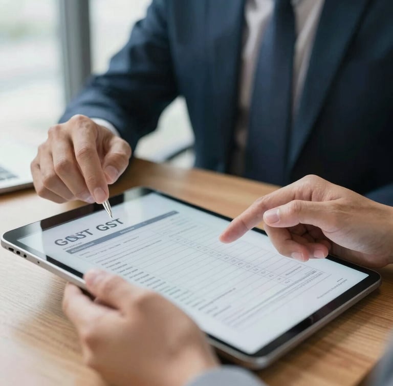 Close-up of hands reviewing GST reconciliation documents on a tablet, with a focused professional in the background, bright natural office light, cool corporate tones with warm wood accents, shallow depth of field, 35mm lens.