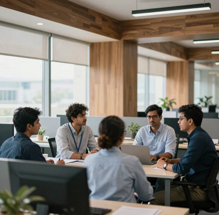 Modern, brightly lit collaborative workspace in Gurugram, India, with professionals in discussion, natural office light, cool corporate tones with warm wood accents, shallow depth of field, 35mm lens, portrait aspect.