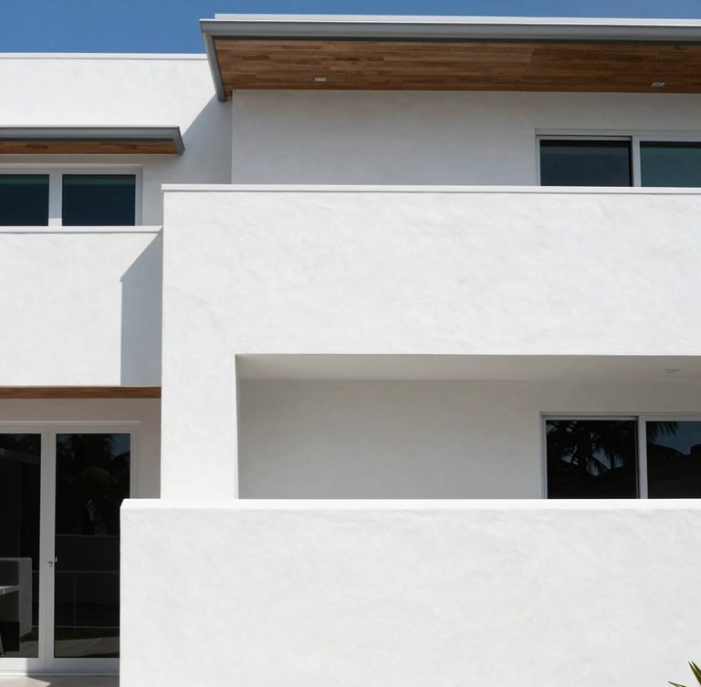 Crisp architectural photography of a modern Boca Raton waterfront villa, sharp midday coastal daylight highlighting flawless white stucco walls and clean shadow lines, high-contrast minimal composition.