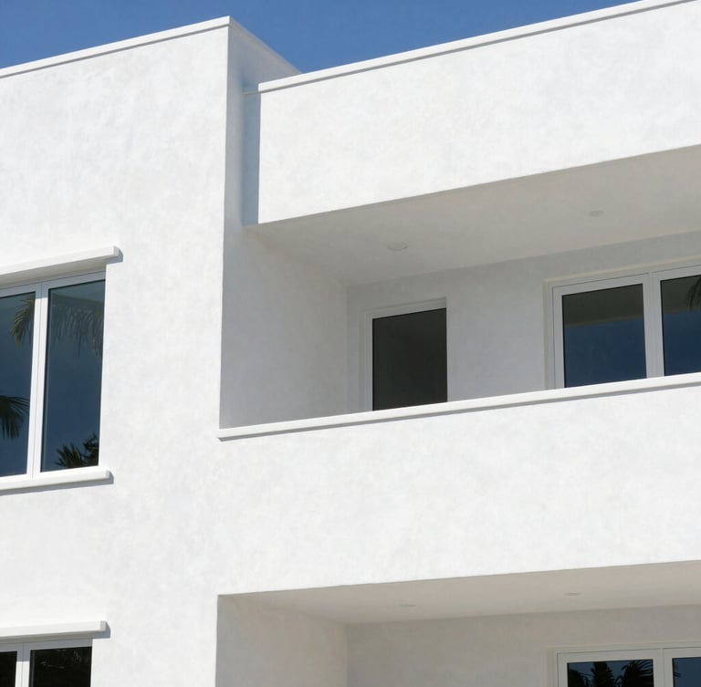 Crisp architectural photography of a modern high-end waterfront home in Boca Raton, showing clean white painted stucco walls reflecting bright midday coastal daylight.