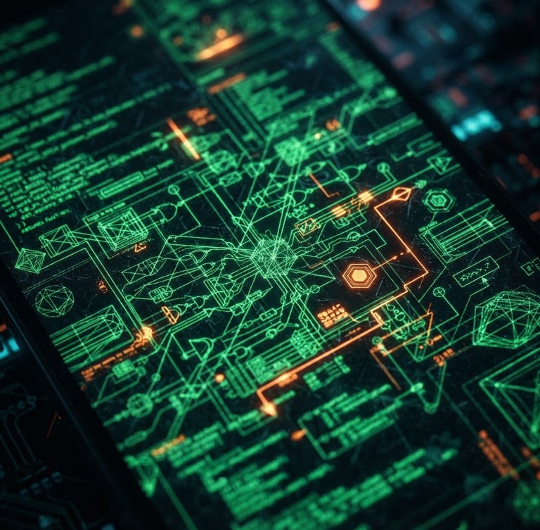 Extreme macro shot of a high-refresh-rate mobile screen displaying dense green wireframe code schematics, dark cybernetic background, glowing neon orange accents, moody tech photography.