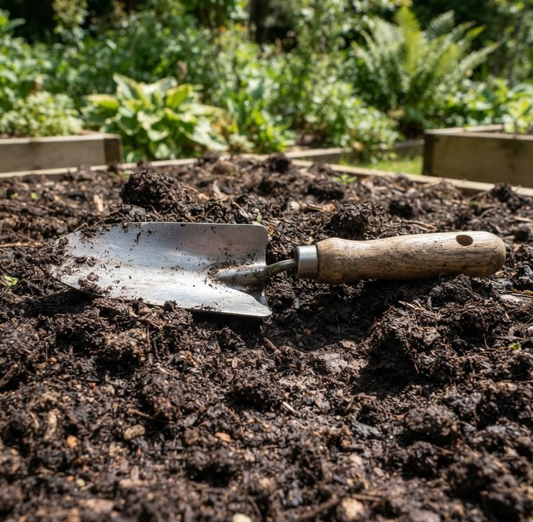 Eye-level medium-close shot of a heavy-duty steel garden trowel resting on dark rich soil, bright natural daylight, clear sharp shadows, realistic textures