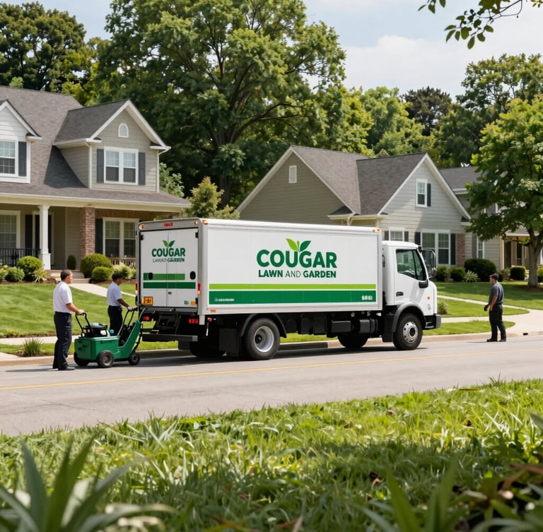 Branded COUGAR LAWN AND GARDEN LLC truck parked on a pristine residential street in Columbus, team members in clean uniforms working with professional-grade equipment, bright morning light, sharp focus, 35mm
