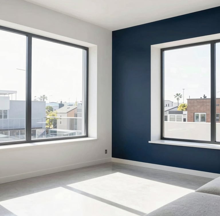 Bright architectural interior photography of a modern living room, natural daylight streaming through large windows, clean dust-free surfaces, sharp focus