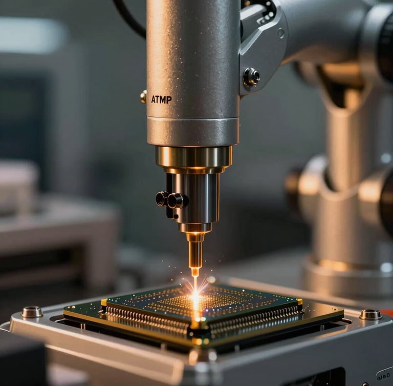 Extreme close-up of a robotic ATMP wire bonding arm working on a silicon die, dramatic amber safety lighting, high contrast