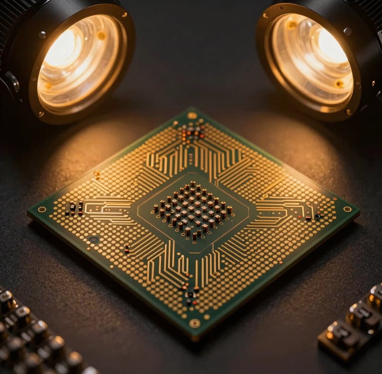 A high-fidelity technical schematic of an air-gapped silicon processor layout, illuminated by sharp amber cleanroom safety lighting against a dark background, showcasing precise sub-micron architecture paths.