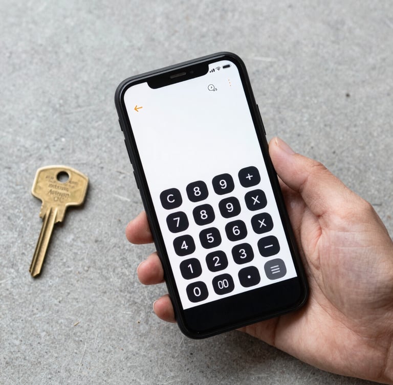 Top-down flat lay of a matte black Android phone held in a hand, displaying a clean black-and-white calculator interface, resting on a light gray concrete desk beside a brass key.