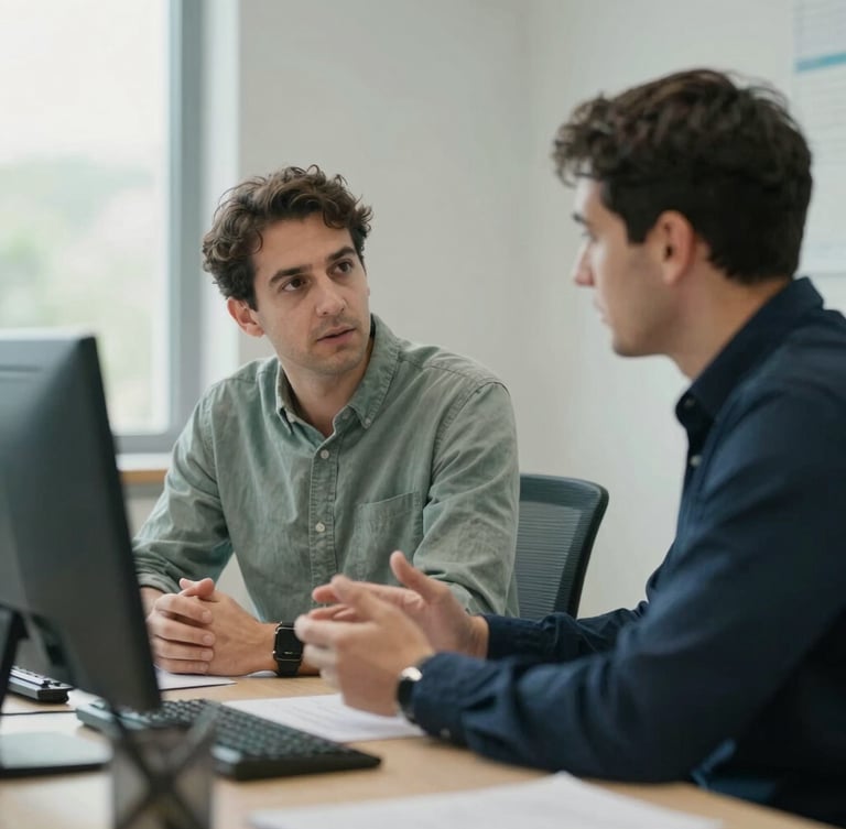Documentary photography of a collaborative workspace where two professional men in casual business attire discuss clinical communications, soft natural daylight, muted sage and navy tones.