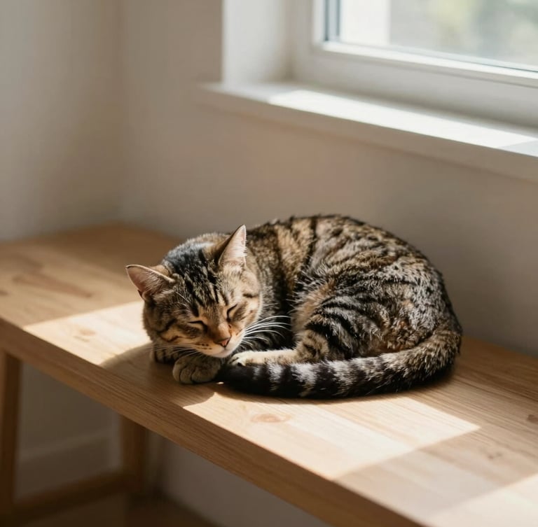Close-up of a sleeping tabby cat curled up in a sunbeam on a minimalist wooden bench, soft shadows, warm natural light, shallow depth of field