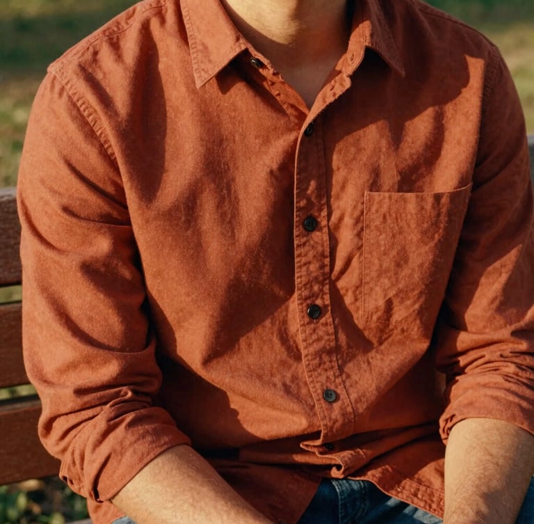 Close-up of a man in a warm terracotta heavyweight cotton shirt sitting on a wooden bench, golden-hour natural light casting soft shadows, 35mm film style